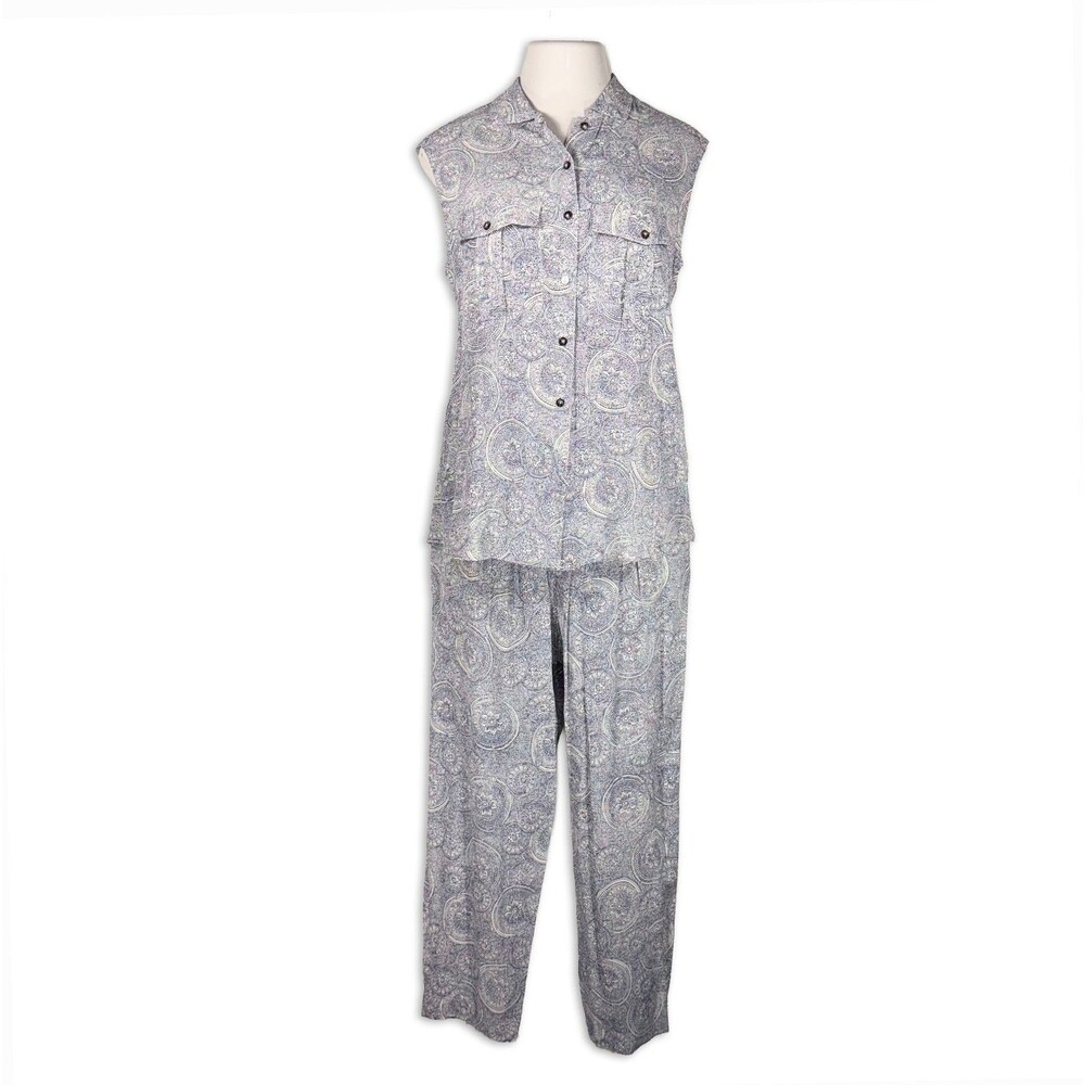 Vintage JAG Rayon Pant Set Blue & White Medallion Print Grecian Resort Lounge 12